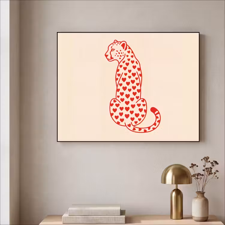 Kat - Harten - Dieren - Modern - Rood Textielframe zwart klein -sfeer2