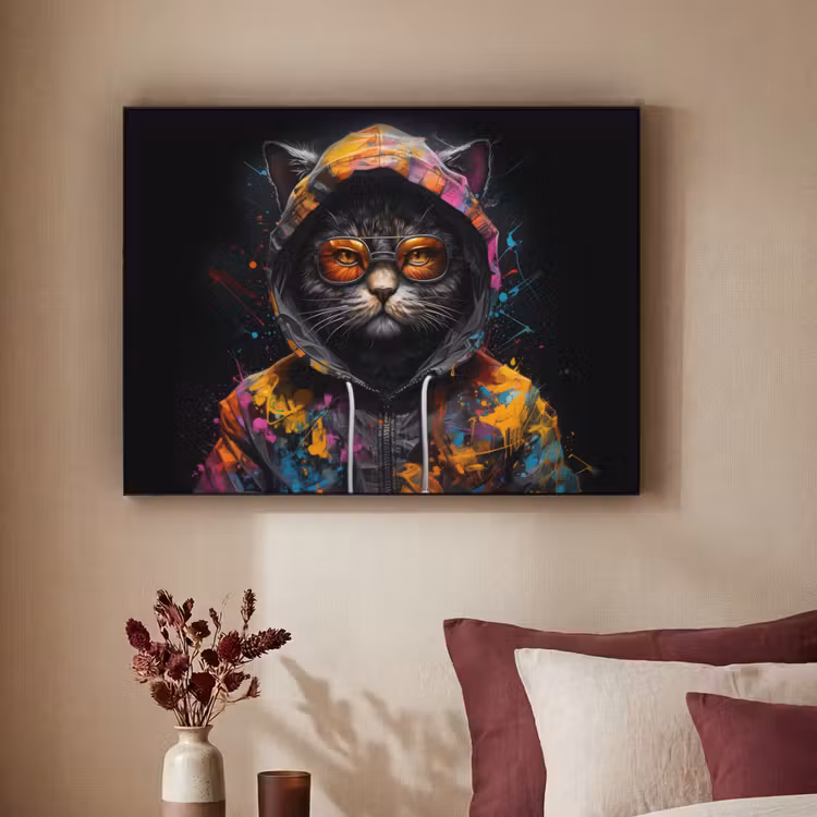 Kat - Jas - Graffiti - Bril - Zwart Textielframe zwart klein -sfeer1