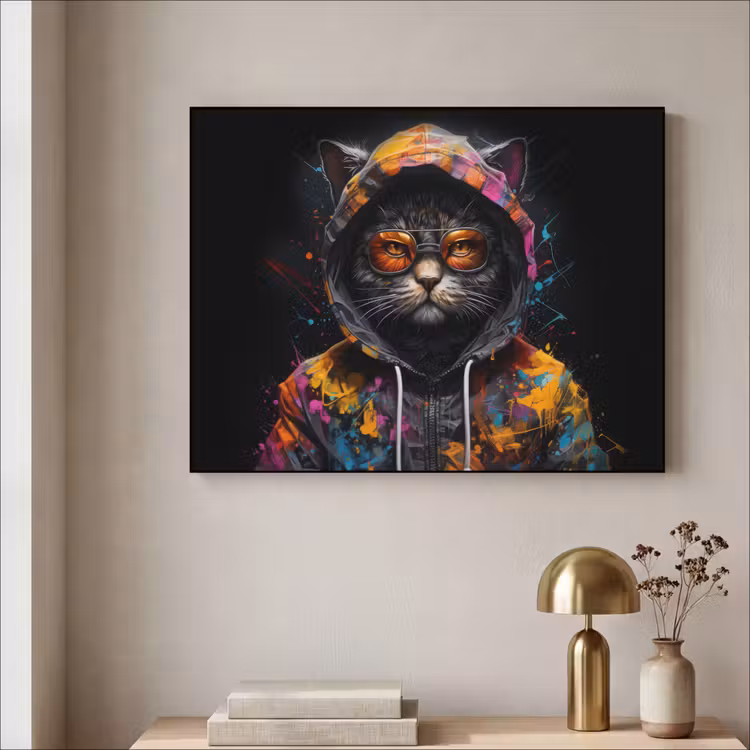Kat - Jas - Graffiti - Bril - Zwart Textielframe zwart klein -sfeer2