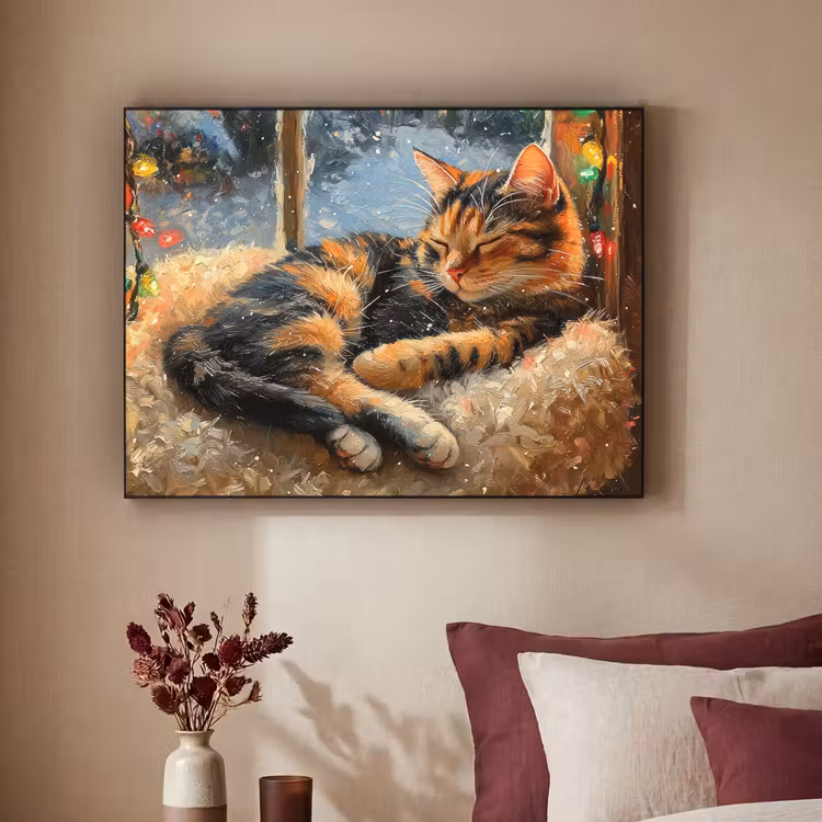 Kat - Kerst - Winter - Dier Textielframe zwart klein -sfeer1
