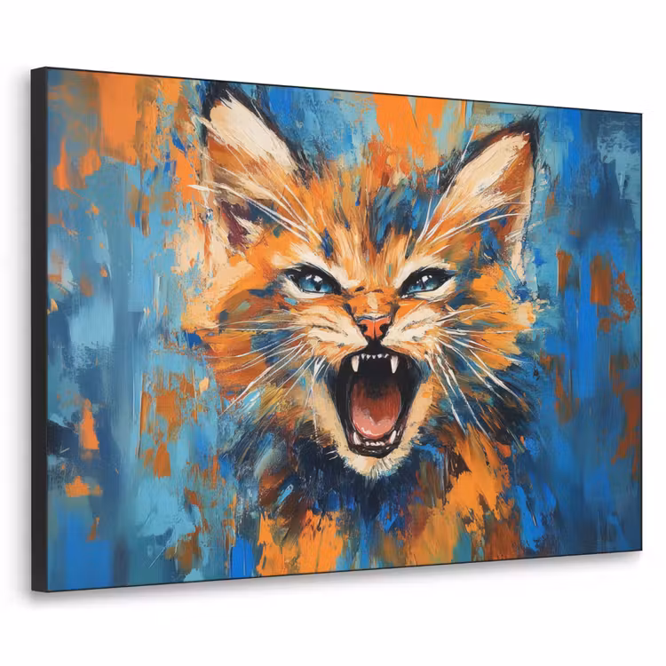Kat - Kleurrijk - Oranje - Blauw Textielframe zwart klein -3d