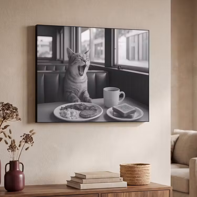 Kat - Koffie - Brood - Zwart Textielframe zwart klein -sfeer3