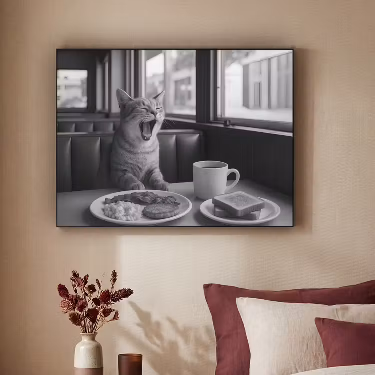 Kat - Koffie - Brood - Zwart Textielframe zwart klein -sfeer1