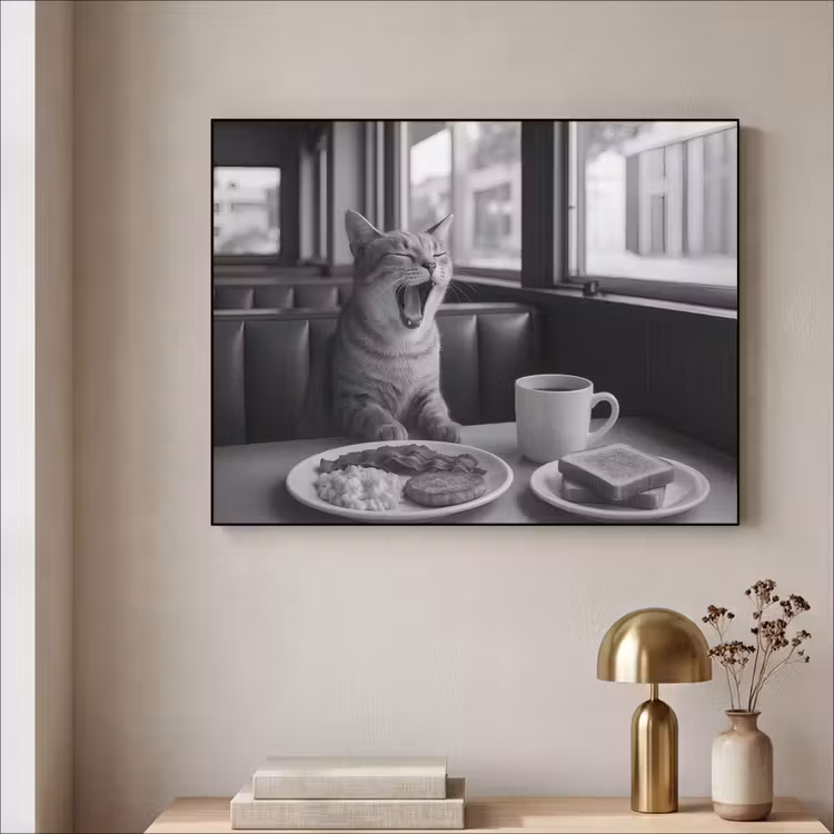 Kat - Koffie - Brood - Zwart Textielframe zwart klein -sfeer2
