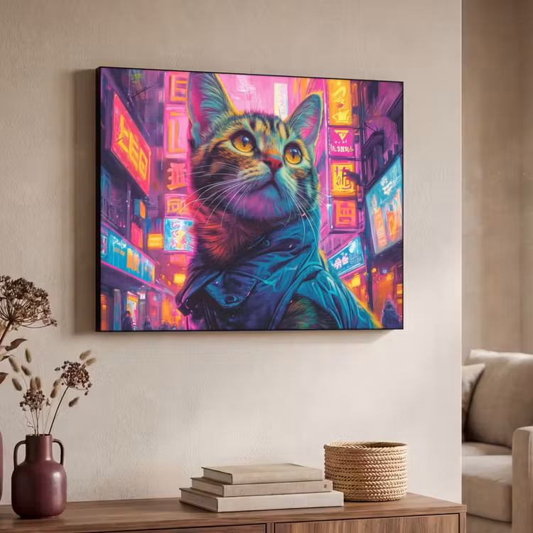 Kat - Pop art - China - Neon - Stad Textielframe zwart klein -sfeer3