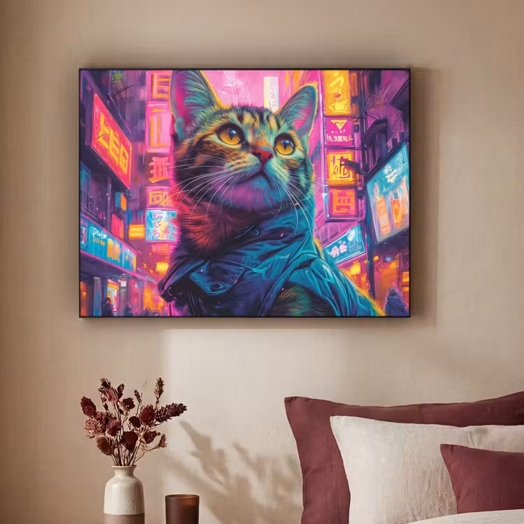 Kat - Pop art - China - Neon - Stad Textielframe - compleet frame klein -sfeer1