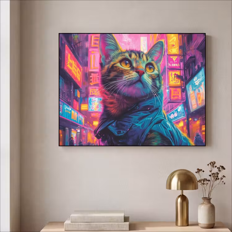 Kat - Pop art - China - Neon - Stad Textielframe zwart klein -sfeer2