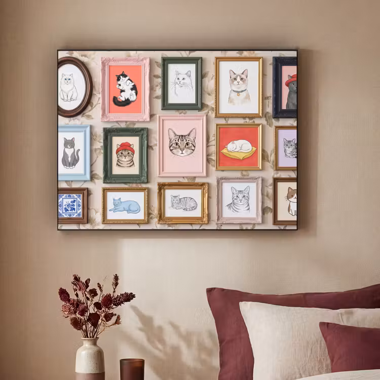 Kat - Portret - Dieren - Illustratie - Lijst Textielframe zwart klein -sfeer1