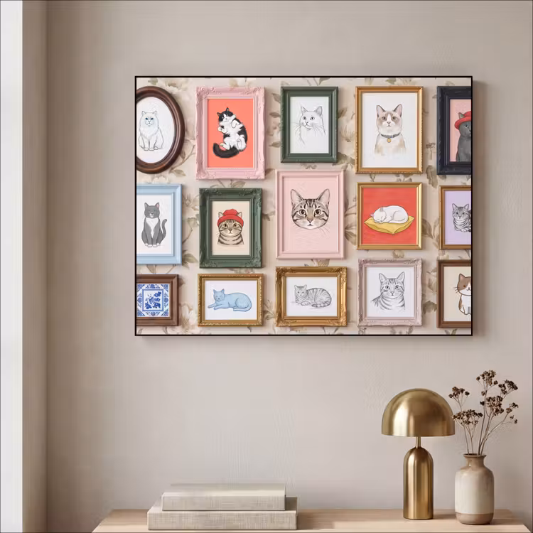 Kat - Portret - Dieren - Illustratie - Lijst Textielframe zwart klein -sfeer2