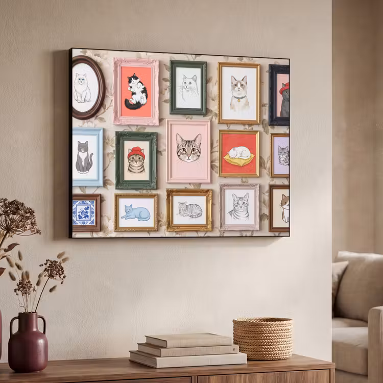 Kat - Portret - Dieren - Illustratie - Lijst Textielframe zwart klein -sfeer3