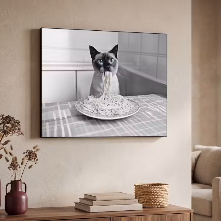 Kat - Siamees - Zwart Wit - Schattig - Dieren Textielframe - compleet frame klein -sfeer3