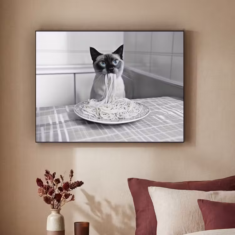 Kat - Siamees - Zwart Wit - Schattig - Dieren Textielframe zwart klein -sfeer1