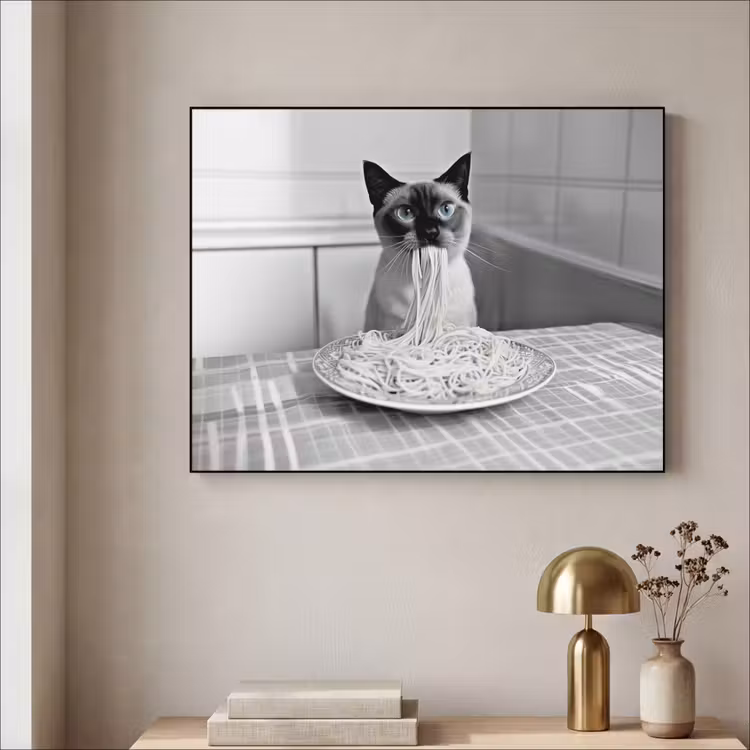 Kat - Siamees - Zwart Wit - Schattig - Dieren Textielframe zwart klein -sfeer2