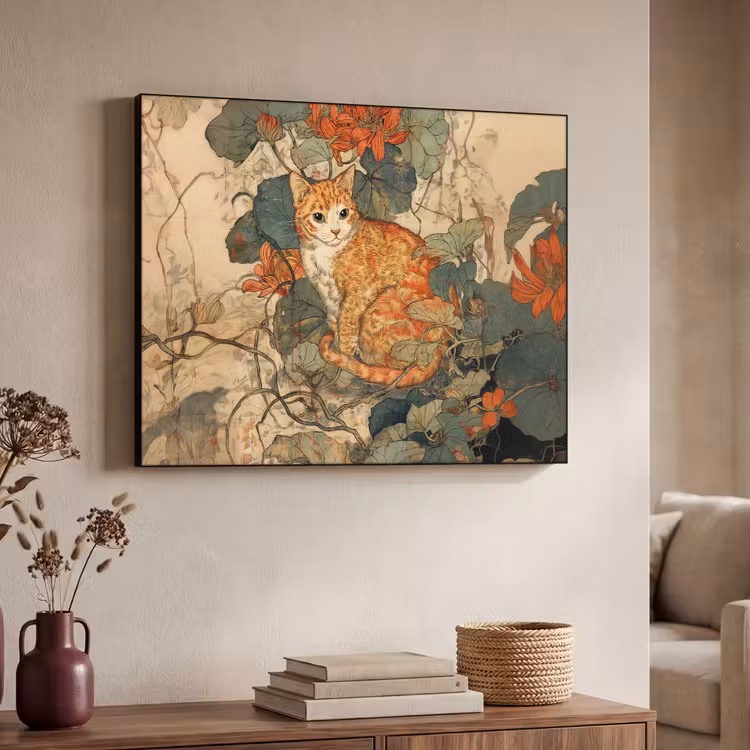 Kat - Sierlijk - Bloemen Textielframe zwart klein -sfeer3