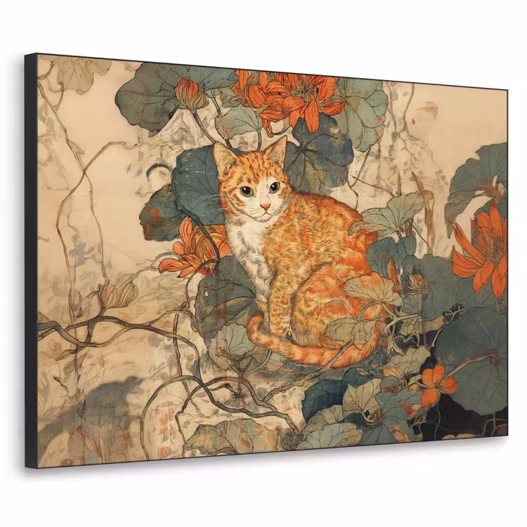 Kat - Sierlijk - Bloemen Textielframe zwart klein -3d