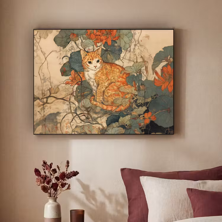 Kat - Sierlijk - Bloemen Textielframe zwart klein -sfeer1