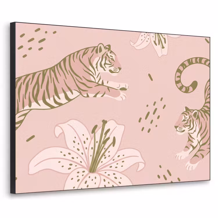 Kat - Springend - Bloemen - Abstract - Roze Textielframe zwart klein -3d