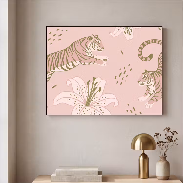 Kat - Springend - Bloemen - Abstract - Roze Textielframe zwart klein -sfeer2