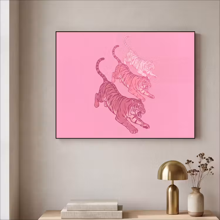 Kat - Springend - Dieren - Roze - Modern Textielframe zwart klein -sfeer2