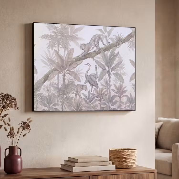 Kat - Vogel - Jungle - Illustratie - Dieren Textielframe zwart klein -sfeer3