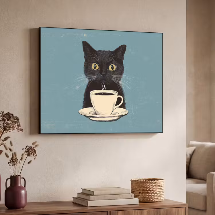Kat - Zwart - Koffie - Minimalistisch Textielframe - compleet frame klein -sfeer3