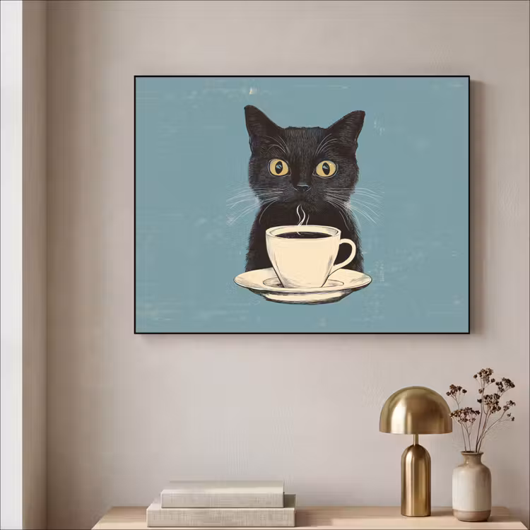 Kat - Zwart - Koffie - Minimalistisch Textielframe - compleet frame klein -sfeer2