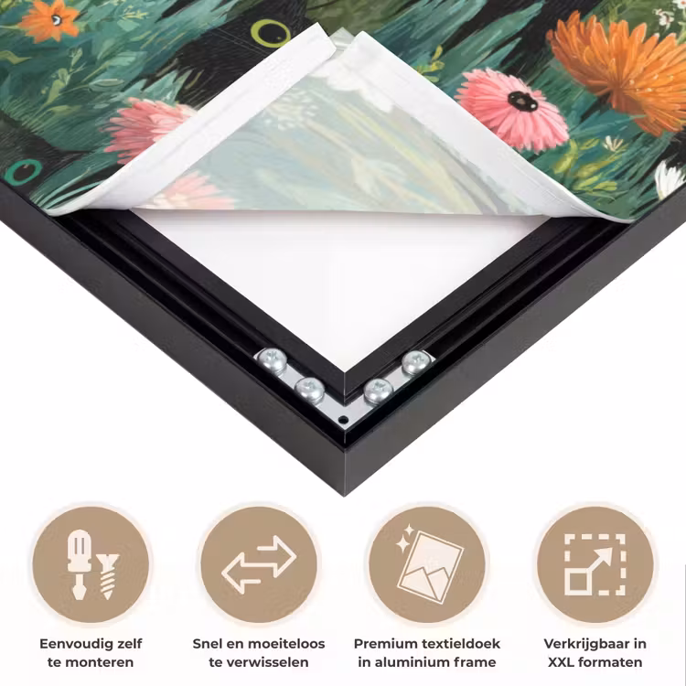 Katten - Bloemen - Kleurrijk Textielframe zwart klein 947 -USP_closeupNL