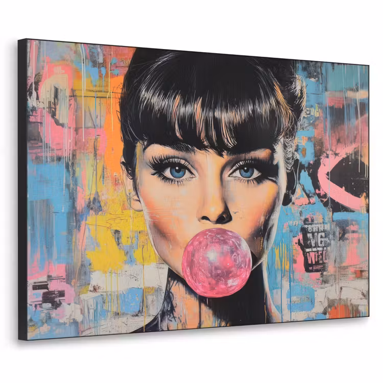 Kauwgom - Vrouw - Penseelstreken - Modern Textielframe - compleet frame klein -3d