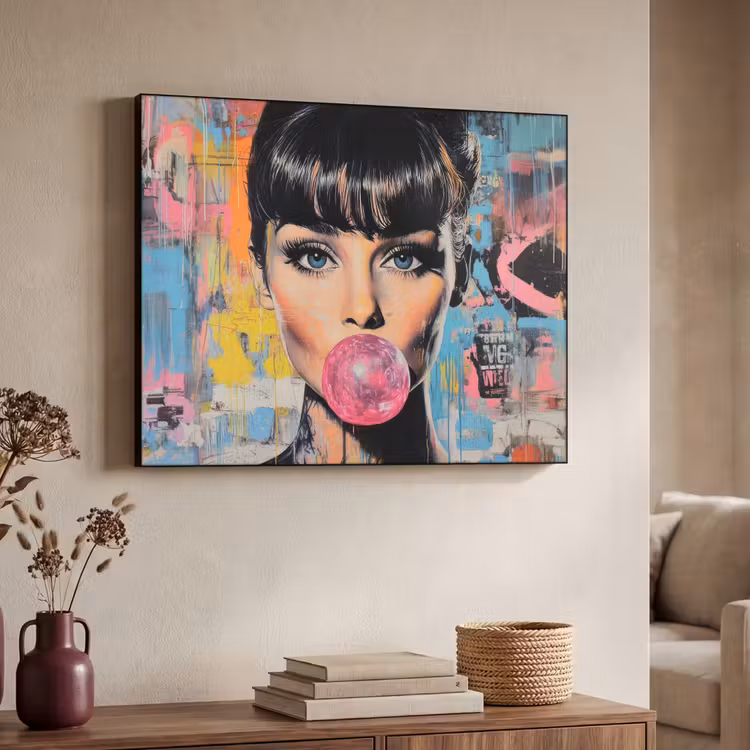 Kauwgom - Vrouw - Penseelstreken - Modern Textielframe - compleet frame klein -sfeer3