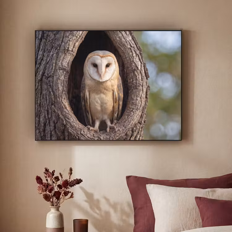 Kerkuil - Boom - Natuur - Bruin Textielframe zwart klein -sfeer1