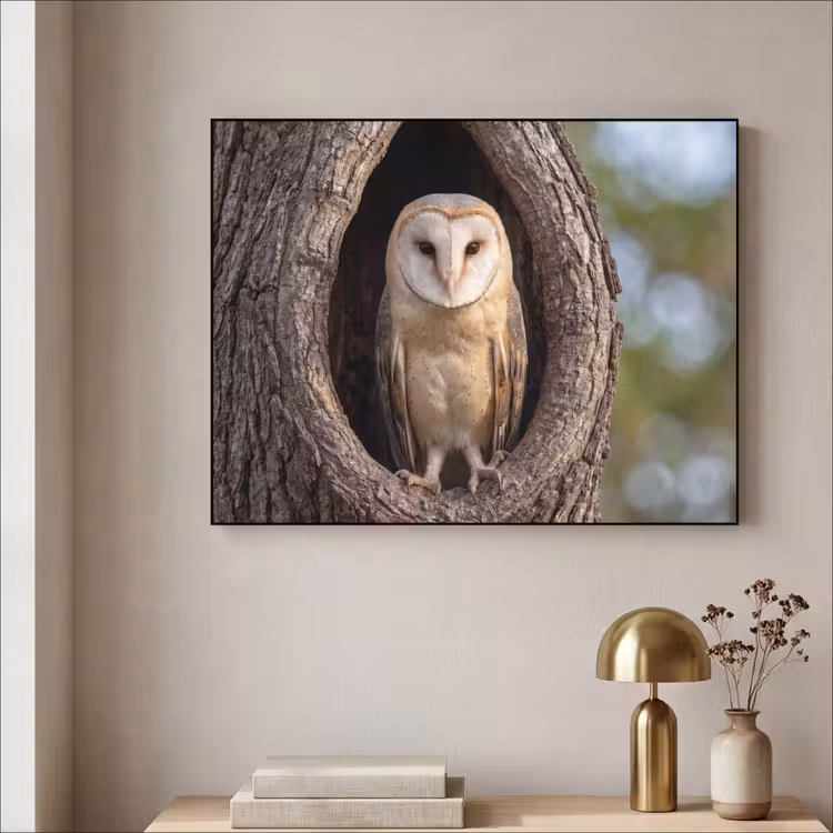 Kerkuil - Boom - Natuur - Bruin Textielframe zwart klein -sfeer2