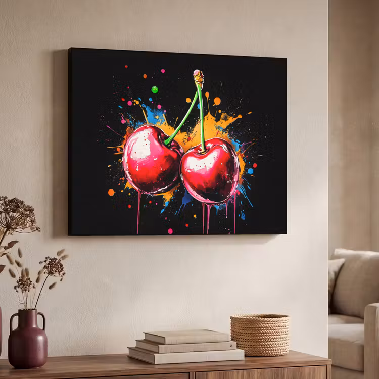 Kersen - Fruit - Graffiti - Verf - Abstract - Modern - Kleurrijk Textielframe zwart klein -sfeer3