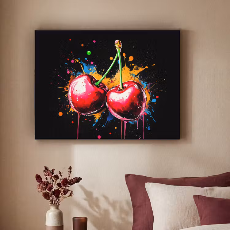 Kersen - Fruit - Graffiti - Verf - Abstract - Modern - Kleurrijk Textielframe zwart klein -sfeer1
