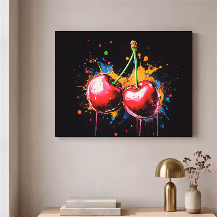 Kersen - Fruit - Graffiti - Verf - Abstract - Modern - Kleurrijk Textielframe - compleet frame klein -sfeer2
