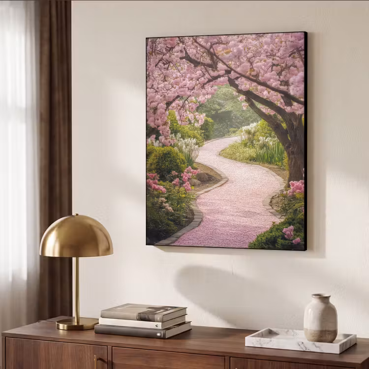 Kersenbloesem - Natuur - Sakura - Pad - Japanse tuin Textielframe zwart klein -sfeer3