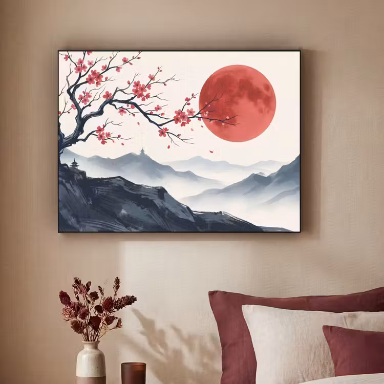 Kersenbloesem - Oosters - Rood Textielframe zwart klein -sfeer1
