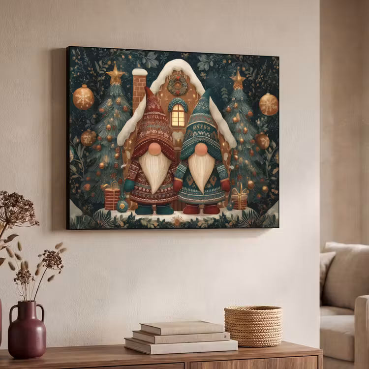 Kerst - Gnomen - Peperkoekhuisje - Rood - Groen Textielframe - compleet frame klein -sfeer3