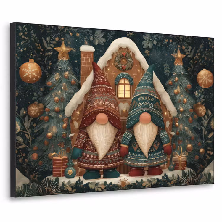 Kerst - Gnomen - Peperkoekhuisje - Rood - Groen Textielframe zwart klein -3d