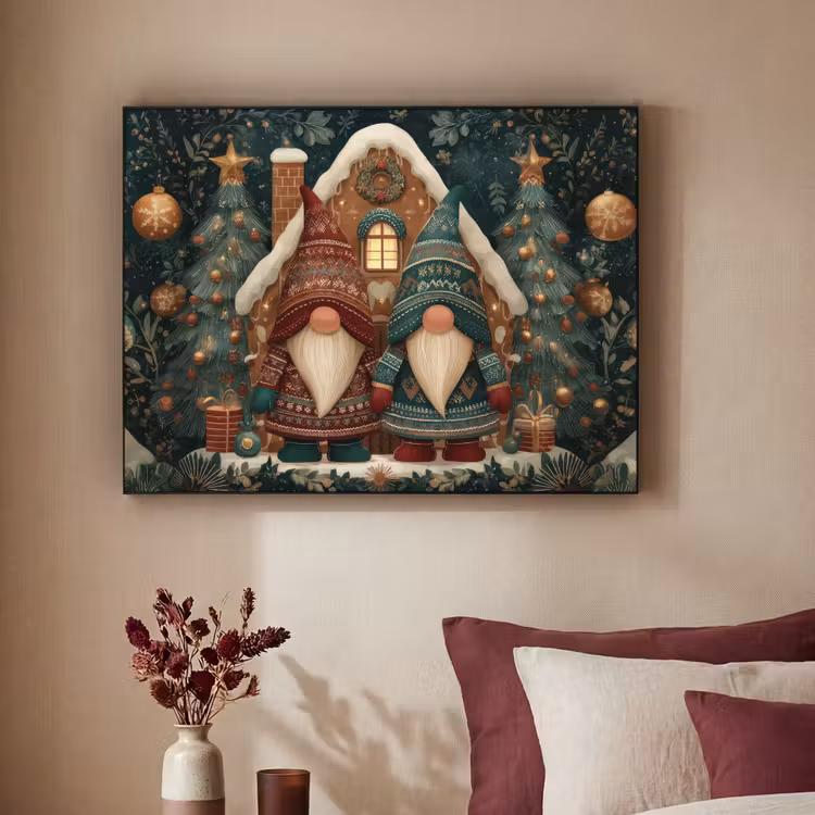 Kerst - Gnomen - Peperkoekhuisje - Rood - Groen Textielframe - compleet frame klein -sfeer1