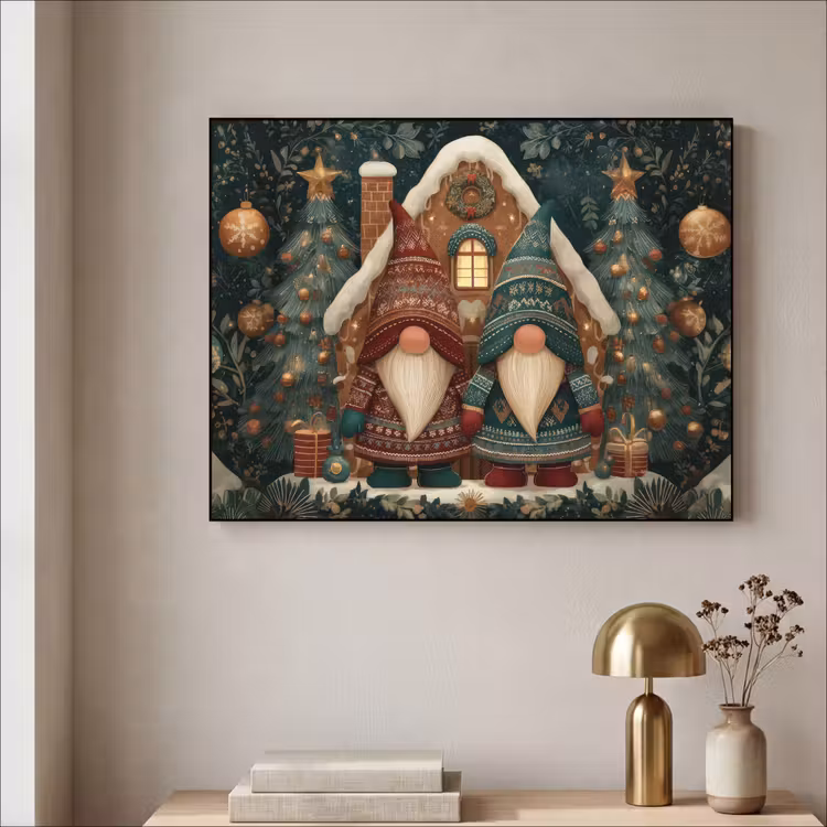 Kerst - Gnomen - Peperkoekhuisje - Rood - Groen Textielframe zwart klein -sfeer2