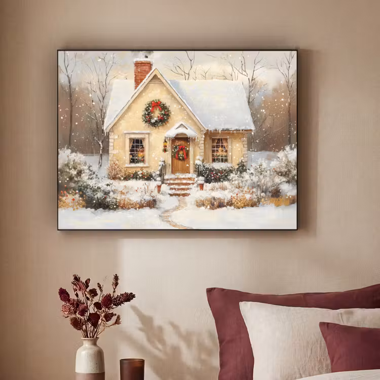 Kerst - Huis - Winter - Sneeuw Textielframe - compleet frame klein -sfeer1