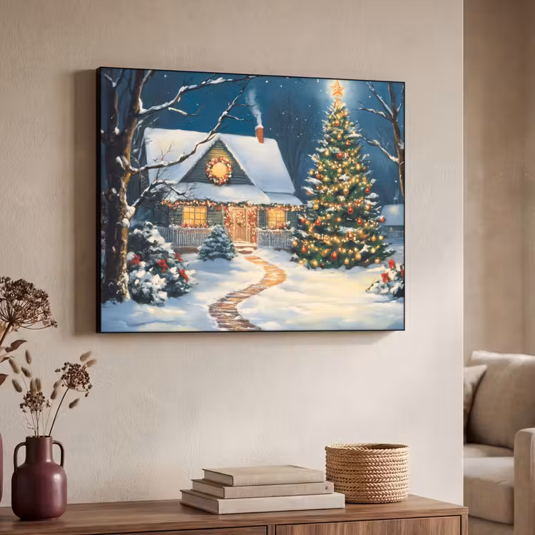 Kerst - Kerstboom - Winter - Huis - Sneeuw Textielframe - compleet frame klein -sfeer3