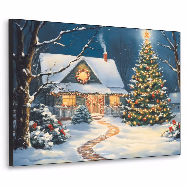 Kerst - Kerstboom - Winter - Huis - Sneeuw Textielframe zwart klein -3d