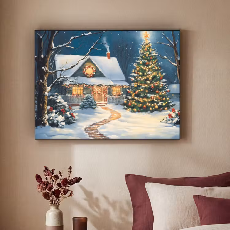 Kerst - Kerstboom - Winter - Huis - Sneeuw Textielframe - compleet frame klein -sfeer1
