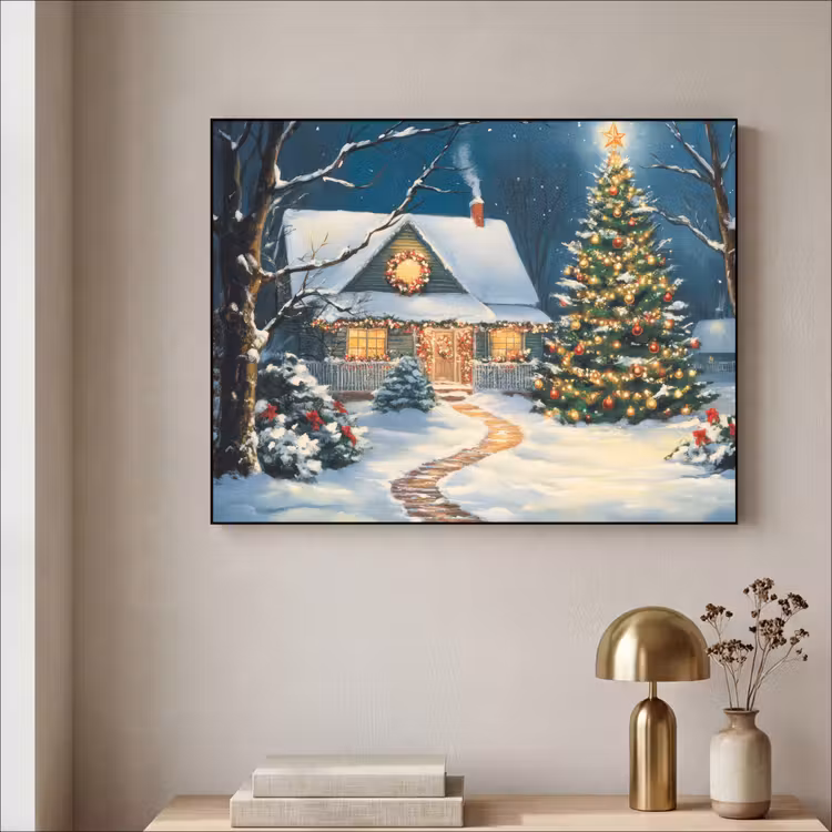 Kerst - Kerstboom - Winter - Huis - Sneeuw Textielframe zwart klein -sfeer2