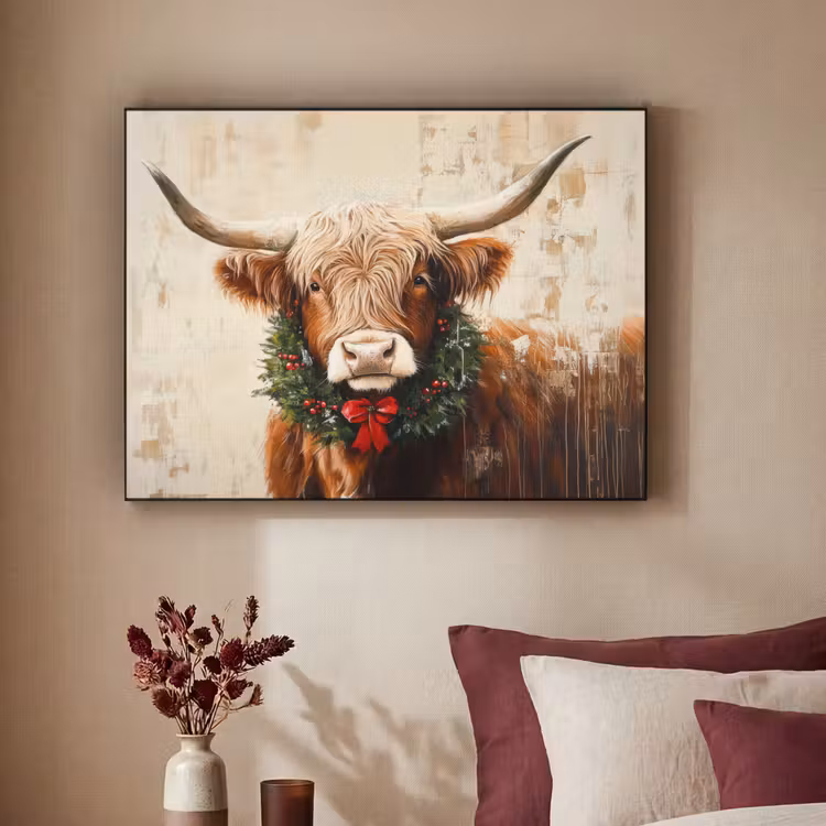 Kerst - Schotse Hooglander - Bruin - Krans Textielframe zwart klein -sfeer1