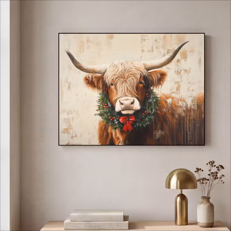 Kerst - Schotse Hooglander - Bruin - Krans Textielframe zwart klein -sfeer2
