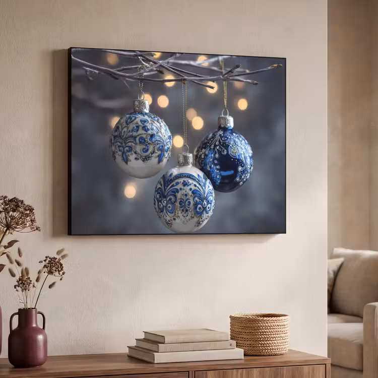 Kerstbal - Versierd - Blauw Textielframe zwart klein -sfeer3