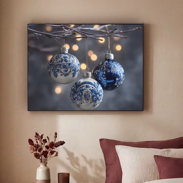 Kerstbal - Versierd - Blauw Textielframe zwart klein -sfeer1