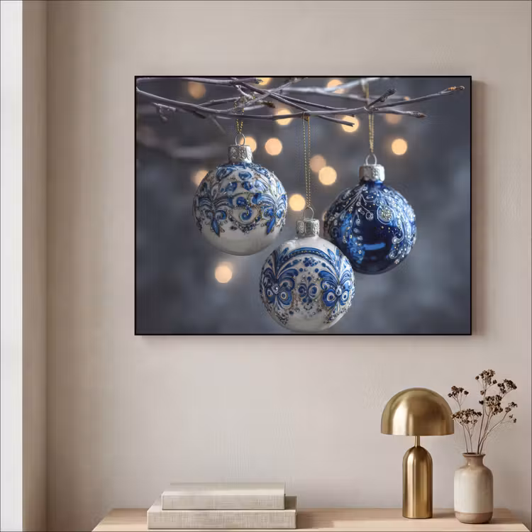 Kerstbal - Versierd - Blauw Textielframe zwart klein -sfeer2